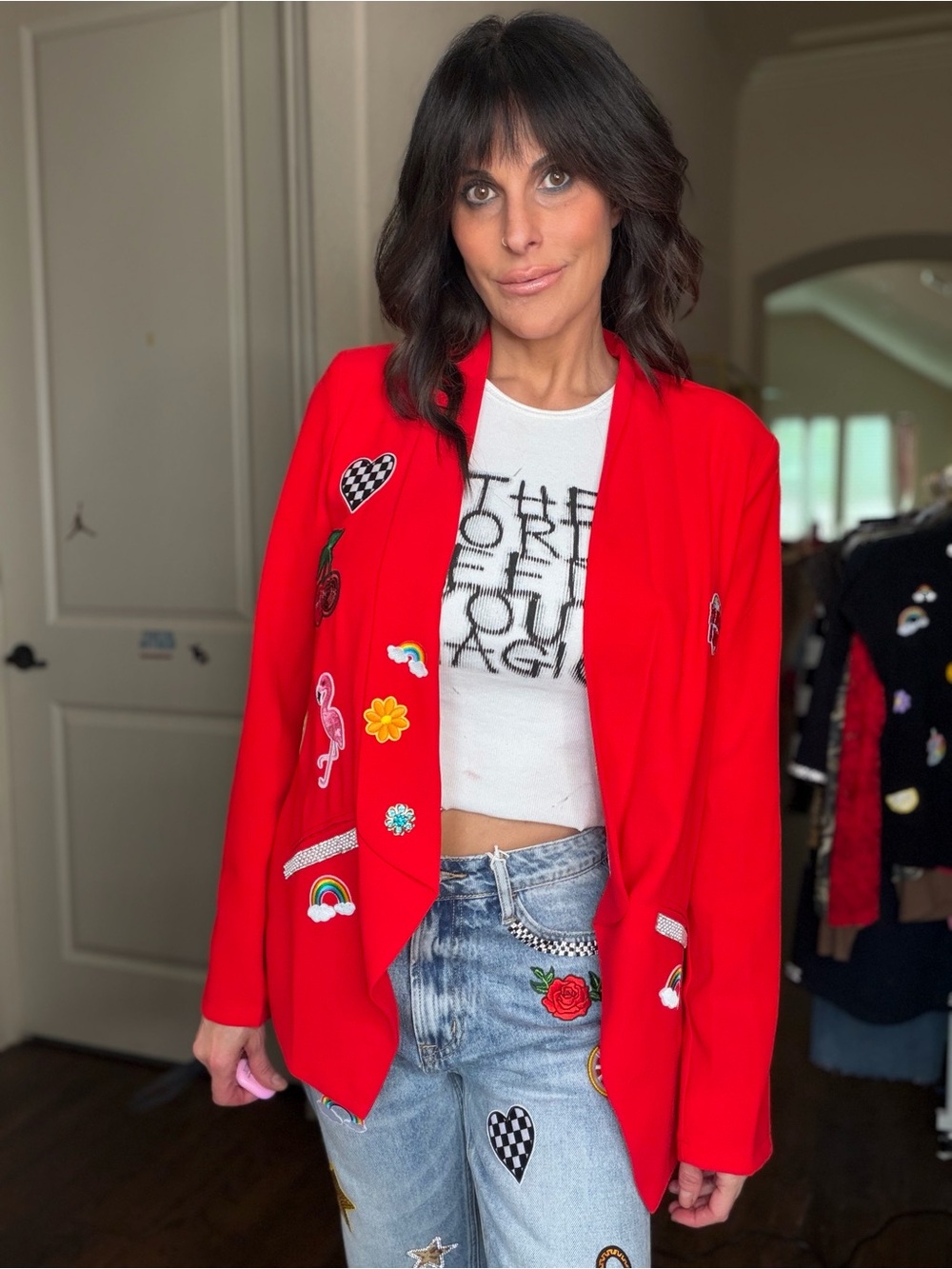 Lulu's Bright Red Embellished Open-Front Blazer